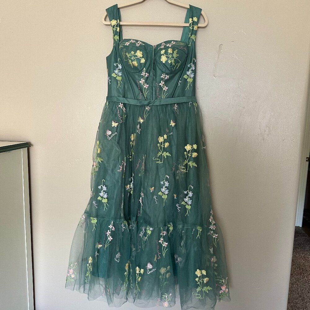 Corset Floral Embroidered Green Ruched Layered Tulle Flower  Midi Prom Dress - Picture 3 of 13